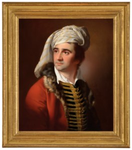 Portrait of a gentleman in a red fur-trimmed coat, frogged waistcoat and a white turban