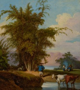 A landscape in Macau with a herdsman and cattle watering, a stand of bamboo beyond