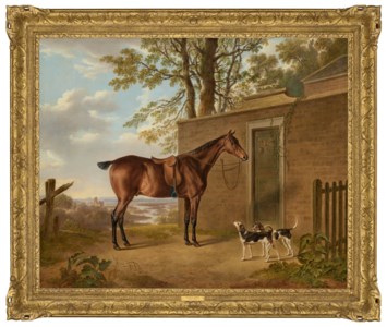 A saddled bay hunter with two hounds outside a stable