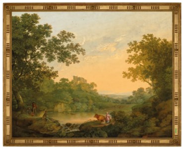 A wooded landscape with fishermen and shepherds by a pond, a ruined castle beyond