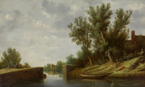 A river landscape with a sluice gate and boats