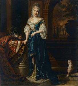 Portrait of an elegantly dressed young woman in an interior, full-length, her right hand resting on a stone ledge with an Oriental carpet and a bowl of fruit, with a white cockatoo and a garden beyond