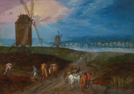 An extensive landscape with travelers before a windmill