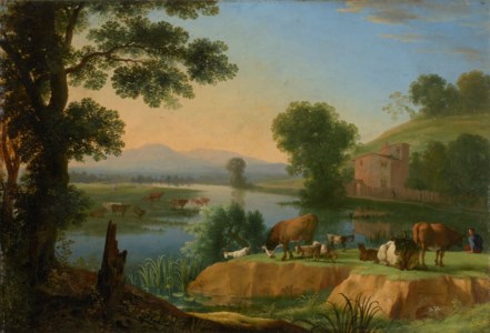 A river landscape with goats and cattle, a farmhouse beyond