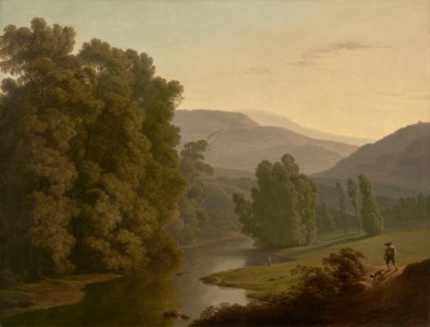 A landscape with figures by a river and mountains in the distance
