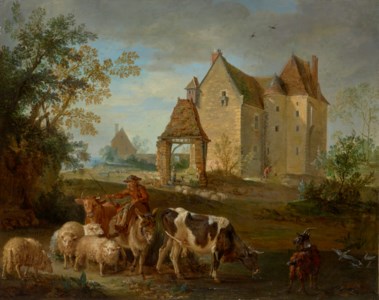 A landscape with a shepherd driving animals to pasture, a castle beyond