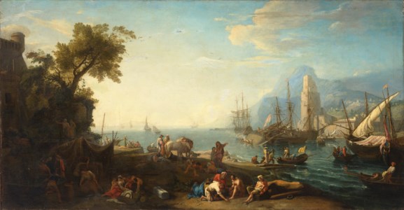 Figures on an estuary with a ship careened in the background