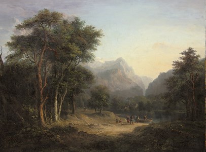 A mountainous wooded landscape with figures crossing a river