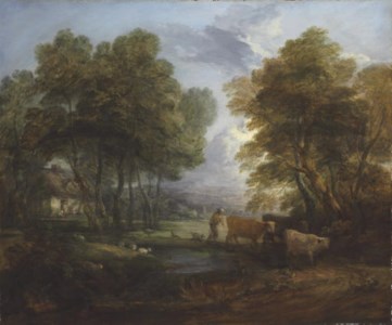 Thomas Gainsborough Sudbury 1727-1788 London, A wooded landscape with a herdsman, cows and sheep near a pool