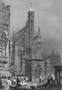 FIGURES AT A MARKET BEFORE A CONTINENTAL CATHEDRAL