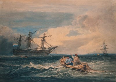 FIGURES IN A FISHING BOAT APPROACHING AN ANCHORED MAN-O-WAR