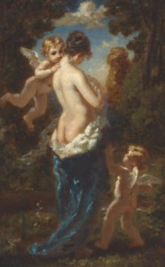 Jeune femme demi-nue, dos de trois-quarts entouré de deux amours