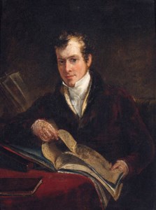 PORTRAIT OF THE HON. ROBERT S. JAMESON, SEATED SMALL THREE-QUARTER- LENGTH, IN A RED JACKET WITH FUR COLLAR AND WHITE SHIRT, SEATED AT A TABLE, HOLDING AN OPEN BOOK