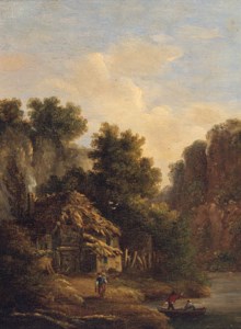 FIGURES BEFORE A COTTAGE IN A GORGE