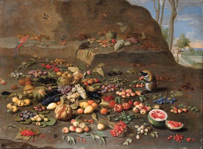 Apples, peaches, oranges, melons, pomegranates, plums, cherries, figs, grapes, pears, a water melon and other fruit on a hillside with monkeys, a parrot and a jay, a villa and a formal garden beyond