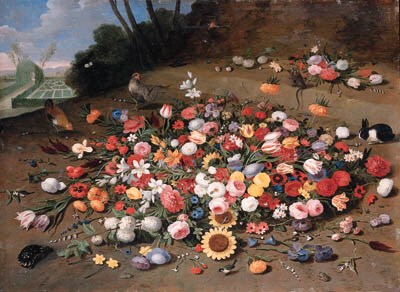 Parrot tulips, roses, sunflowers, lilies, dahlias, poppies, cornflowers, narcissi, daffodils, irises and other flowers, with chickens, a tortoise, a rabbit, a monkey, a great tit, a jay, butterflies, and two frogs on a hillside, an ornamental garden beyon