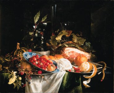 Jan Davidsz. de Heem, Strawberries and peaches in a Wanli Kraak porselein bowl, an orange, a peeled lemon and pomegranate seeds and a ham on pewter plates, a lit taper, a Venetian glass, a flute, a roemer on a silver box, bread rolls, a gourd, blackberries and orange bl