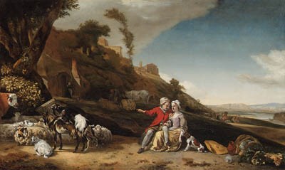 A young couple with goats and sheep in an Italianate landscape