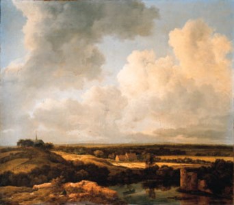 An extensive landscape in summer: in the foreground an artist sketching by a ruined wall above a moat, and a rowing boat by a ruined tower; beyond cornfields with harvesters, cottages near a church set in a copse on a hill, a panoramic view beneath roll