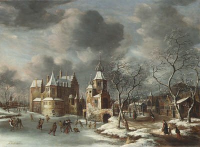 A village in winter with figures skating on a frozen river