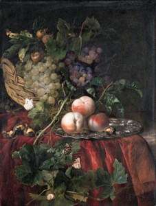 Willem van Aelst, Grapes in a basket, peaches on a silver dish, chestnuts, a Large White and two Red Admiral butterflies, a fly and a snail on a vine tendril, on a red velvet cloth over a partly draped ledge