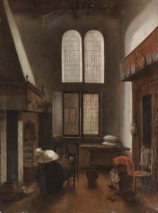 An interior of a house with a seated woman