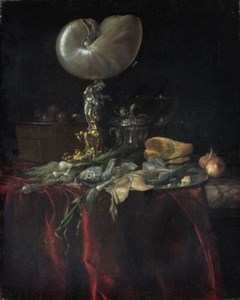 A nautilus cup, a pickled herring and a fillet on a pewter plate with a fly, onions and leeks, cloves in a pewter cup, a roemer, a crystal-handled knife and olives on a pewter plate on a box, on a partly draped marble shelf