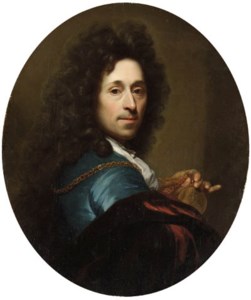 Portrait of the artist in a blue coat and brown velvet cape with a medallion of the Elector Palatine, Johann Wilhelm; and Portrait of the artist's wife, Franoise van Diemen, in an orange dress with a black cape, before a curtain