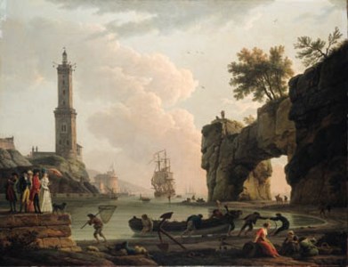 A Mediterranean harbour at sunset, with the artist, his daughter Emilie Chalgrin, his son Carle Vernet, his daughter-in-law, Fanny Moreau, and his servant Saint-Jean, on a pier, a lighthouse and a natural arch beyond