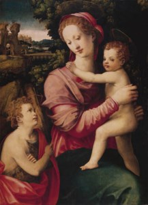 The Madonna and Child with the infant Saint John the Baptist, a wooded river landscape with an imaginary palace beyond