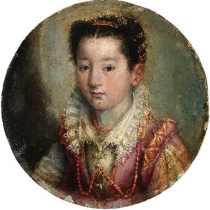 Portrait of a girl, bust-length, in a pink and white embroidered dress, wearing a coral necklace