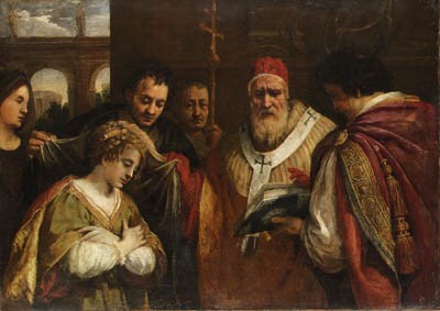 Saint Domitilla receiving the veil from Pope Clement