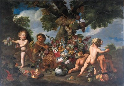 Putti playing with fruit by an upturned urn of flowers