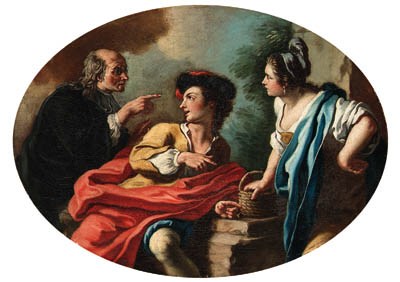 A young couple with an old crone and a dog; and A youthful couple admonished by a priest