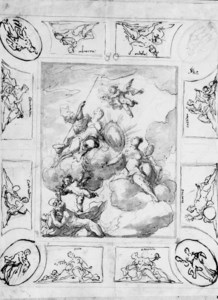 AN ALLEGORICAL CEILING DESIGN: MINERVA AND OTHER FIGURES HOLDING A PORTRAIT CARTOUCHE SURROUNDED BY TWELVE COMPARTMENTS WITH PERSONIFICATIONS OF INNOCENCE, GENIUS, CHASTITY, TRUTH, FRIENDSHIP, PEACE, GENEROSITY AND CONCORDANCE (?)