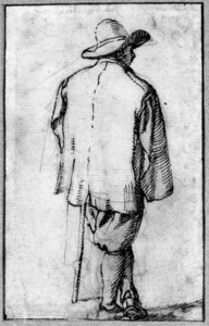 A MAN LEANING ON A STICK SEEN FROM BEHIND