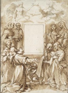 DESIGN FOR AN ALTARPIECE: EIGHT SAINTS AND THE HOLY TRINITY SURROUNDING THE EMPTY FRAME OF AN EARLY IMAGE OF THE VIRGIN