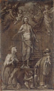 THE RISEN CHRIST SURROUNDED BY ANGELS APPEARING TO TWO SAINTS
