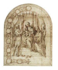 DESIGN FOR AN ALTARPIECE: THE MYSTIC MARRIAGE OF SAINT CATHERINE OF SIENA WITH SAINT JOHN THE BAPTIST IN A FRAME DECORATED WITH ROSES AND CIRCULAR CARTOUCHES
