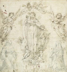 THE MADONNA AS PROTECTRESS OF SIENA WITH SAINT BERNARDINO AND SAINT CATHERINE OF SIENA SURROUNDED BY ANGELS, THE SKYLINE OF SIENA WITH THE TORRE DI MANGIA AND THE CUPOLA OF THE DUOMO BELOW