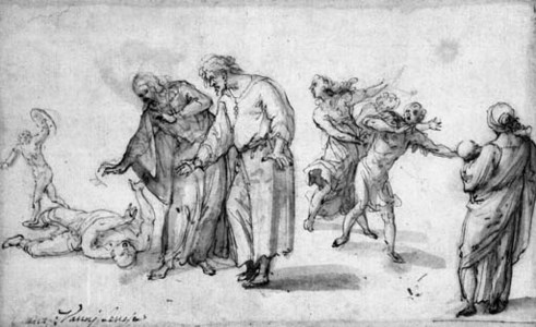A WOUNDED BOY ATTENDED BY A WOMAN AND A MAN, WITH FIGURES FLEEING