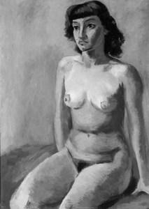 A nude seated