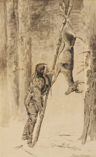 Indian Hunter Hanging Deer out of Reach of Wolves