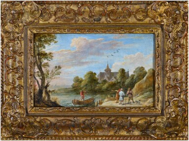 A river landscape with travellers by a jetty and a man in a rowing boat, a church beyond