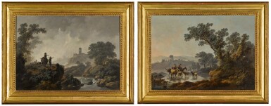 A wooded landscape with drovers and livestock; A rocky river landscape with figures and sheep