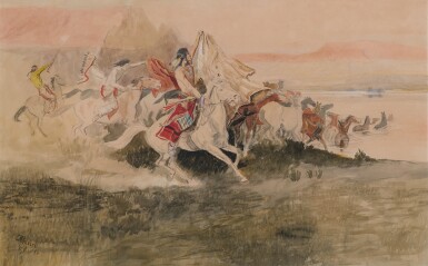 Indians Herding Horses Across River