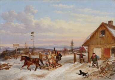 A Horse Drawn Sleigh Passing a Cabin