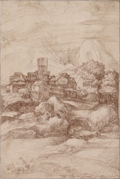 Landscape with a Fortified Town and Rising Sun