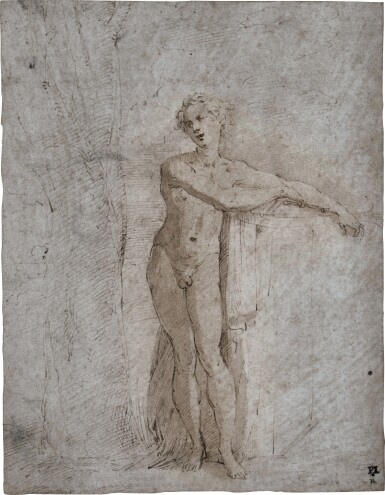 Nude man standing by a pedestal