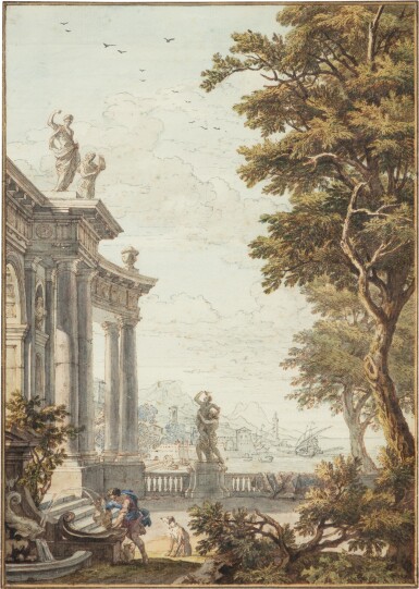 A garden next to a classical building and a view of a Mediterranean port | Jardin près d'un monument classique, avec une vue sur un port méditérranéen